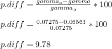 p.diff = \frac{gamma_a - gamma}{gamma_a} * 100\\\\p.diff = \frac{0.07275- 0.06563}{0.07275} * 100 \\\\p.diff = 9.78 %
