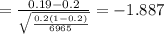 =  \frac{0.19 - 0.2}{\sqrt{\frac{0.2(1 - 0.2)}{6965}}} = -1.887
