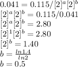 0.041 = 0.115 / [2 ]^a [2]^b\\ \[[2 ]^a [2]^b = 0.115/0.041\\ \[[2 ]^a [2]^b = 2.80\\\[[2 ]^1 [2]^b = 2.80\\\[[2]^b = 1.40\\b = \frac{ln 1.4}{ln 2} \\b = 0.5