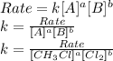 Rate = k [A]^{a} [B]^{b}\\k = \frac{Rate}{ [A]^{a} [B]^{b}}\\k = \frac{Rate}{ [CH_3 Cl]^{a} [Cl_2]^{b}}