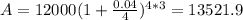 A = 12000 (1+ \frac{0.04}{4})^{4*3} = 13521.9
