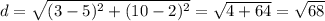 d=\sqrt{(3-5)^{2} +(10-2)^{2} } =\sqrt{4+64}=\sqrt{68}