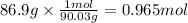 86.9g \times \frac{1mol}{90.03g} = 0.965 mol