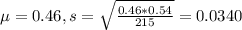 \mu = 0.46, s = \sqrt{\frac{0.46*0.54}{215}} = 0.0340
