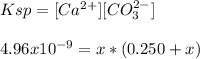 Ksp=[Ca^{2+}][CO_3^{2-}]\\\\4.96x10^{-9}=x*(0.250+x)