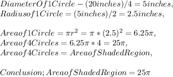 Diameter Of 1 Circle - ( 20 inches ) / 4 = 5 inches,\\Radius of 1 Circle = ( 5 inches ) / 2 = 2.5 inches,\\\\Area of 1 Circle = \pi r^2 = \pi * ( 2.5 )^2 = 6.25\pi,\\Area of 4 Circles = 6.25\pi * 4 = 25\pi,\\Area of 4 Circles = Area of Shaded Region,\\\\Conclusion ; Area of Shaded Region = 25\pi