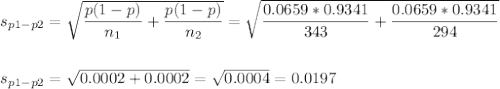 s_{p1-p2}=\sqrt{\dfrac{p(1-p)}{n_1}+\dfrac{p(1-p)}{n_2}}=\sqrt{\dfrac{0.0659*0.9341}{343}+\dfrac{0.0659*0.9341}{294}}\\\\\\s_{p1-p2}=\sqrt{0.0002+0.0002}=\sqrt{0.0004}=0.0197