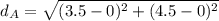 d_{A} = \sqrt{(3.5-0)^{2}+(4.5-0)^{2}}