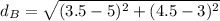d_{B} = \sqrt{(3.5-5)^{2}+(4.5-3)^{2}}