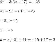 4x-3(3x+17)=-26 \\\\4x-9x-51=-26\\\\-5x=25\\\\x=-5\\\\y=3(-5)+17=-15+17=2