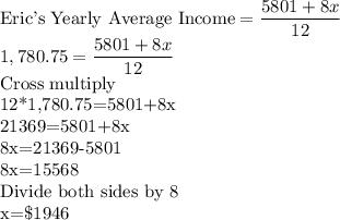\text{Eric's Yearly Average Income}=\dfrac{5801+8x}{12} \\1,780.75=\dfrac{5801+8x}{12} \\$Cross multiply\\12*1,780.75=5801+8x\\21369=5801+8x\\8x=21369-5801\\8x=15568\\Divide both sides by 8\\x=\$1946