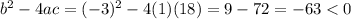 b^2-4ac=(-3)^2-4(1)(18)=9-72=-63