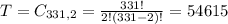 T = C_{331,2} = \frac{331!}{2!(331-2)!} = 54615