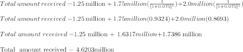 Total \ amount\ received = $1.25 million + $1.75 million(\frac{1}{[1+0.075]^1} ) +2.0 million(\frac{1}{[1+0.075]^2} )\\\\ Total \ amount\ received = $1.25 million + $1.75 million(0.9324) +2.0 million(0.8693) \\\\ Total \ amount\ received = $1.25 million + $1.6317 million +$1.7386 million \\\\ Total \ amount\ received = 4.6203million