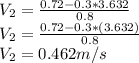 V_{2} = \frac{0.72 - 0.3 *3.632}{0.8}\\V_{2} = \frac{0.72 - 0.3 *(3.632)}{0.8}\\V_{2} = 0.462 m/s