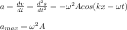 a=\frac{dv}{dt}=\frac{d^2s}{dt^2}=-\omega^2A cos(kx-\omega t)\\\\a_{max}=\omega^2 A