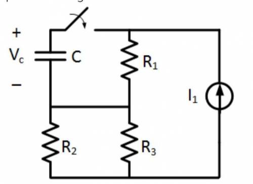 For the circuit, suppose C=10µF, R1=1000Ω, R2=3000Ω, R3=4000Ω and ls=1mA. The switch closes at t=0s.