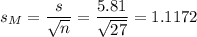 s_M=\dfrac{s}{\sqrt{n}}=\dfrac{5.81}{\sqrt{27}}=1.1172