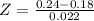Z = \frac{0.24 - 0.18}{0.022}