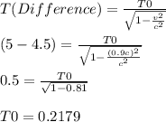 T(Difference) = \frac{T0}{\sqrt{1-\frac{v^2}{c^2} } }\\\\ (5-4.5)= \frac{T0}{\sqrt{1-\frac{(0.9c)^2}{c^2} } }\\\\ 0.5=\frac{T0}{\sqrt{1-0.81} }\\\\T0 =0.2179
