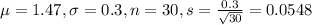 \mu = 1.47, \sigma = 0.3, n = 30, s = \frac{0.3}{\sqrt{30}} = 0.0548