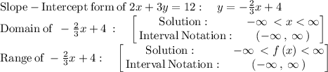 \mathrm{Slope-Intercept\:form\:of}\:2x+3y=12:\quad y=-\frac{2}{3}x+4\\\mathrm{Domain\:of\:}\:-\frac{2}{3}x+4\::\quad \begin{bmatrix}\mathrm{Solution:}\:&\:-\infty \: