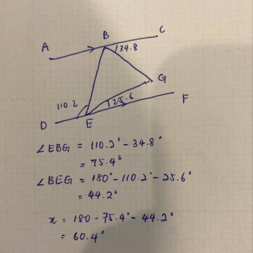 BEG is a triangle.
ABC and DEF are parallel lines.
Work out the size of angle x.
