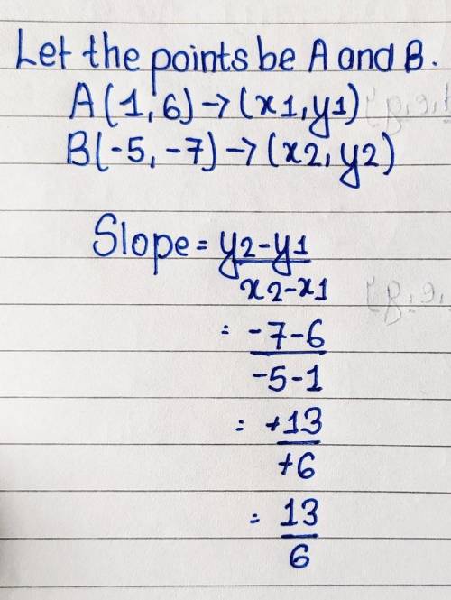 The slope between (1, 6) (-5, -7)