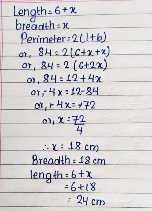 the perimeter of a rectangle is84cm and its length is 6cm longer than its breadth.find the lenth and