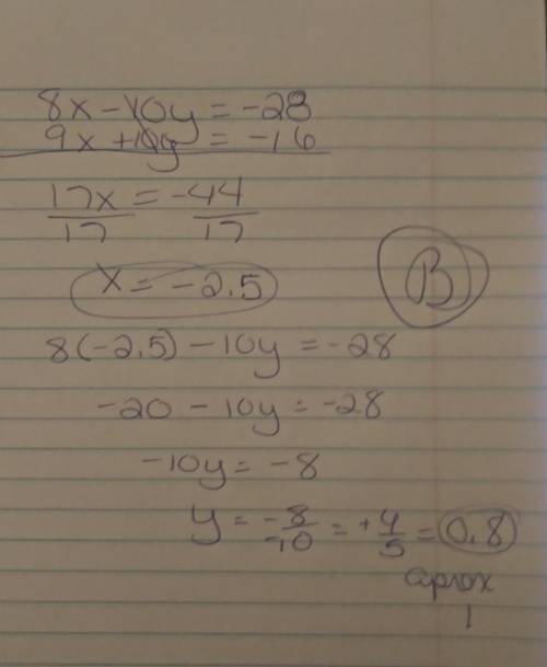 Which is the approximate solution for the system of equations

8x-10y=-28 and 9x+10y=-16?A(-2.3, 0.5