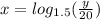 x=log_{1.5}(\frac{y}{20})