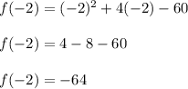f(-2)=(-2)^2+4(-2)-60\\\\f(-2)=4-8-60\\\\f(-2)=-64