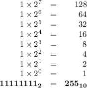 \begin{array}{rcr}1\times 2^{7} & = & 128\\1\times 2^{6} & = & 64\\1\times 2^{5} & = & 32\\1\times 2^{4} & = & 16\\1\times 2^{3} & = & 8\\1\times 2^{2} & = & 4\\1\times 2^{1} & = & 2\\1\times 2^{0} & = & 1\\\mathbf{11111111_{2}} & = & \mathbf{255_{10}}\\\end{array}