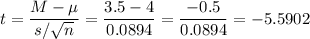 t=\dfrac{M-\mu}{s/\sqrt{n}}=\dfrac{3.5-4}{0.0894}=\dfrac{-0.5}{0.0894}=-5.5902
