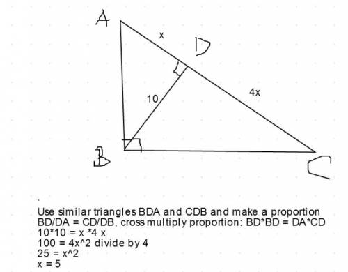 Triangle A B C is shown. Angle A B C is a right angle. An altitude is drawn from point B to point D