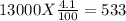 13000 X \frac{4.1}{100} = 533