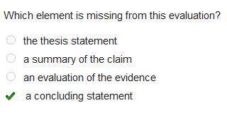 Which element is missing from this evaluation?

the thesis statement
a summary of the claim
an evalu
