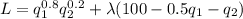 L=q_1^{0.8}q_2^{0.2}+ \lambda (100-0.5q_1-q_2)