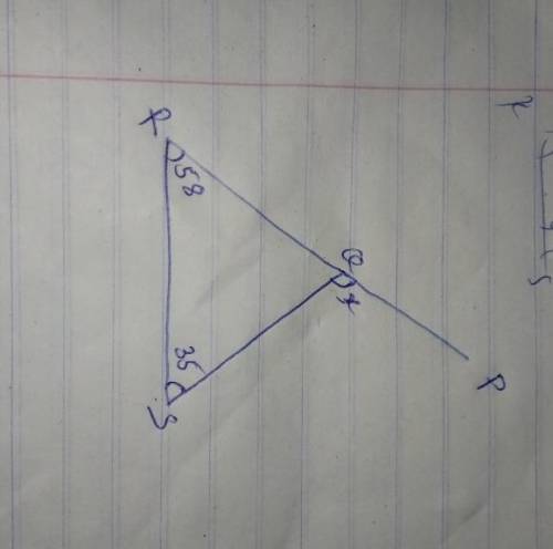 Triangle Q R S is shown. Line R Q extends through point P. Angle Q S R is 35 degrees. Angle S R Q is