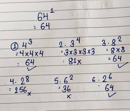 Which expressions are equivalent to 64^1Check all that apply