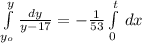 \int\limits^{y}_{y_{o}} {\frac{dy}{y-17} } = -\frac{1}{53} \int\limits^{t}_{0}\, dx