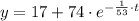 y = 17 + 74\cdot e^{-\frac{1}{53}\cdot t }