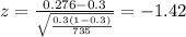 z=\frac{0.276 -0.3}{\sqrt{\frac{0.3(1-0.3)}{735}}}=-1.42
