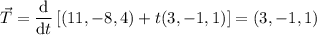 \vec T=\dfrac{\mathrm d}{\mathrm dt}\left[(11,-8,4)+t(3,-1,1)\right]=(3,-1,1)