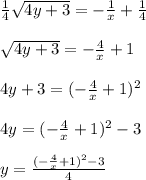 \frac{1}{4} \sqrt{4y+3} =-\frac{1}{x} + \frac{1}{4} \\\\\sqrt{4y+3}=-\frac{4}{x} +1\\ \\4y+3=(-\frac{4}{x} +1)^2\\\\4y=(-\frac{4}{x} +1)^2-3\\\\y=\frac{(-\frac{4}{x} +1)^2-3}{4}