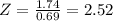 Z = \frac{1.74}{0.69} = 2.52