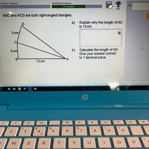 ABC and ACD are both right-angled triangles.

D
a)
Explain why the length of AC
is 13 cm.
5 cm
C
5 c
