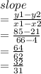 slope \\  =  \frac{y1 - y2}{x1 - x2}  \\  =  \frac{85 - 21}{66 - 4}  \\  =  \frac{64}{62}  \\  =  \frac{32}{31}