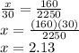 \frac{x}{30} =\frac{160}{2250}\\ x=\frac{(160)(30)}{2250} \\x= 2.13