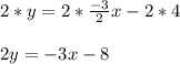 2*y=2*\frac{-3}{2}x-2*4\\\\2y=-3x-8